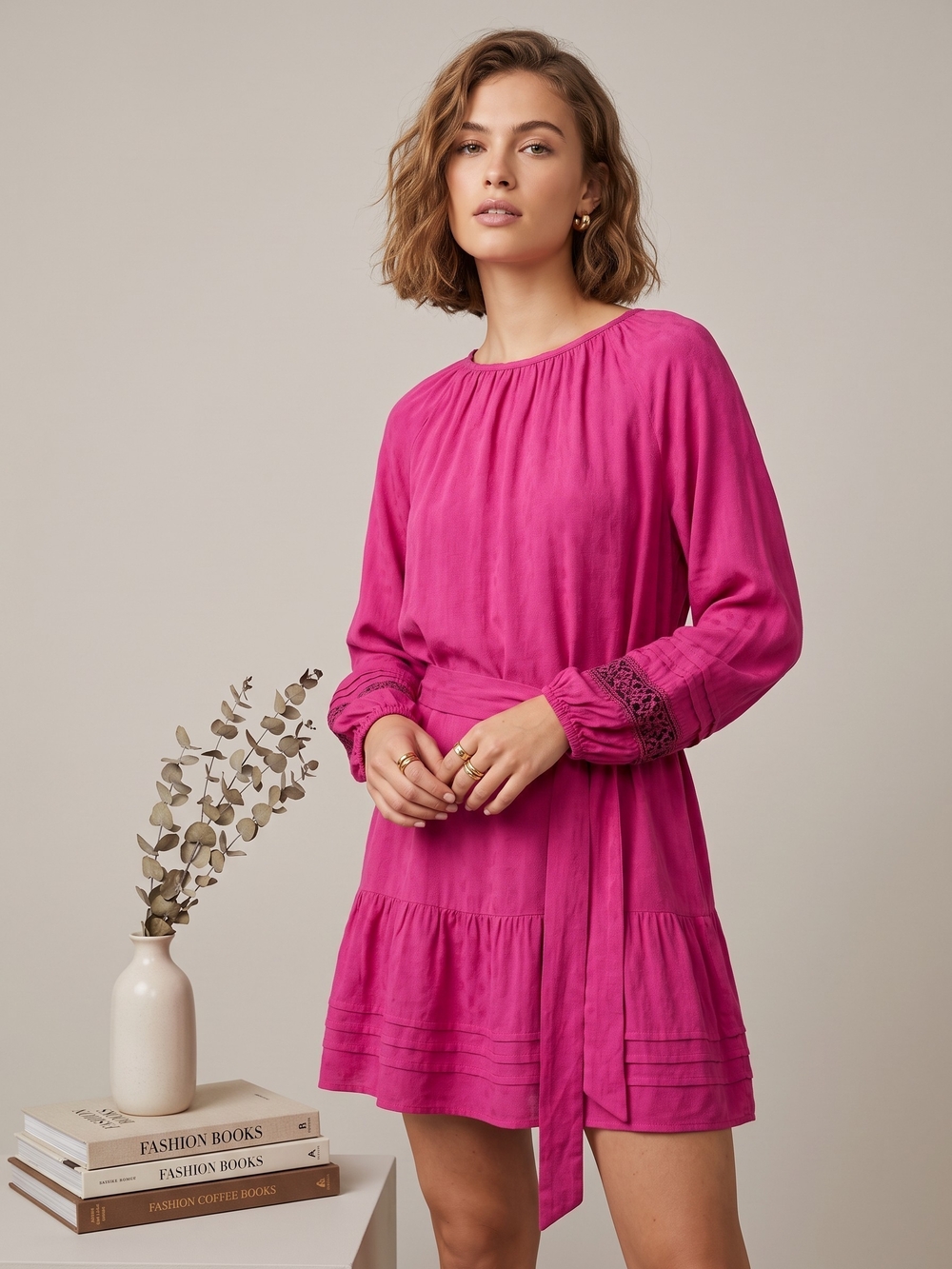 Anthropologie BTFL-life  Fuchsia Long Sleeve Tie-Waist Mini Dress Medium